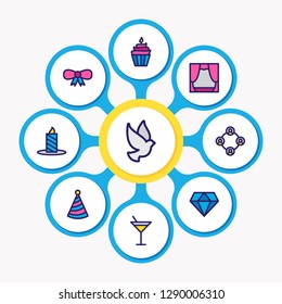 Vector illustration of 9 events icons colored line. Editable set of people, scene, candle icon elements.