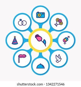Vector illustration of 9 events icons colored line. Editable set of party hat, mask, camera and other icon elements.