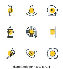 Vector illustration of 9 extra icons line style. Editable set of hydrant, cone, alarm and other icon elements.