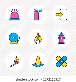 Vector illustration of 9 extra icons colored line. Editable set of fire, cone, siren and other icon elements.