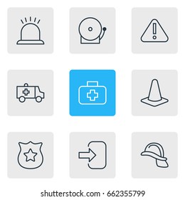 Vector Illustration Of 9 Extra Icons. Editable Pack Of Door, Siren, Exclamation And Other Elements.