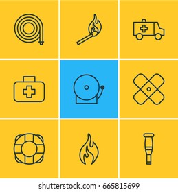 Vector Illustration Of 9 Extra Icons. Editable Pack Of Siren, Hosepipe, Fire And Other Elements.