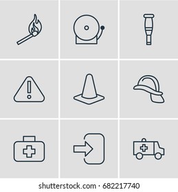 Vector Illustration Of 9 Extra Icons. Editable Pack Of Taper, First-Aid, Siren And Other Elements.