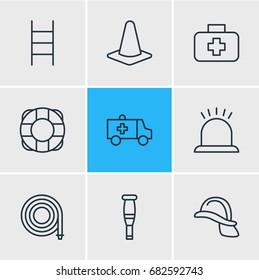 Vector Illustration Of 9 Extra Icons. Editable Pack Of Lifesaver, Hardhat, Taper And Other Elements.