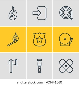 Vector Illustration Of 9 Extra Icons. Editable Pack Of Siren, Hosepipe, Door And Other Elements.