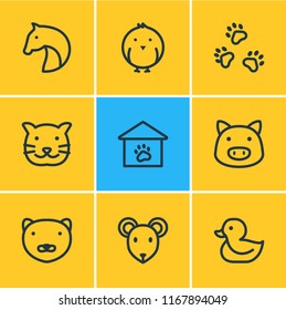 Vector illustration of 9 fauna icons line style. Editable set of mink, horse, pet house and other icon elements.