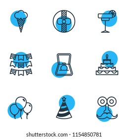 Vector illustration of 9 feast icons line style. Editable set of mustache, party hat, balloon and other icon elements.