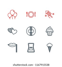 Vector illustration of 9 feast icons line style. Editable set of dish, sorbet, wedding ring and other icon elements.