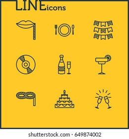 Vector Illustration Of 9 Feast Icons. Editable Pack Of Goblet, Patisserie, Carnaval Mask And Other Elements.