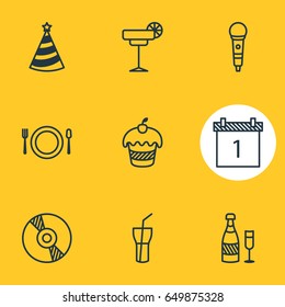 Vector Illustration Of 9 Feast Icons. Editable Pack Of Muffin, Compact Disk, Fizz And Other Elements.