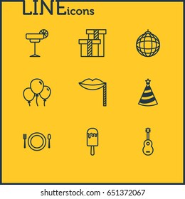 Vector Illustration Of 9 Feast Icons. Editable Pack Of Carnaval Mask, Decoration, Nightclub Ball And Other Elements.