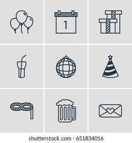 Vector Illustration Of 9 Feast Icons. Editable Pack Of Nightclub Ball, Masquerade, Soft Drink And Other Elements.