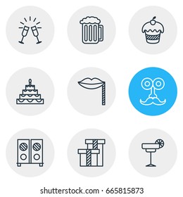 Vector Illustration Of 9 Feast Icons. Editable Pack Of Carnaval Mask, Muffin, Present And Other Elements.