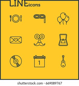 Vector Illustration Of 9 Feast Icons. Editable Pack Of Heart Letter, Compact Disk, Cutlery And Other Elements.