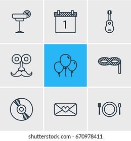 Vector Illustration Of 9 Feast Icons. Editable Pack Of Compact Disk, Date Block, Masquerade And Other Elements.