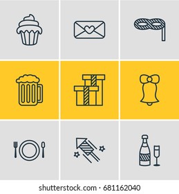 Vector Illustration Of 9 Feast Icons. Editable Pack Of Cupcake, Masquerade, Present And Other Elements.