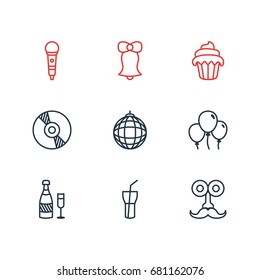Vector Illustration Of 9 Feast Icons. Editable Pack Of Soft Drink, Decoration, Karaoke And Other Elements.
