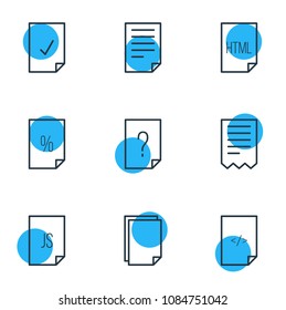 Vector illustration of 9 file icons line style. Editable set of file, documents, js and other icon elements.