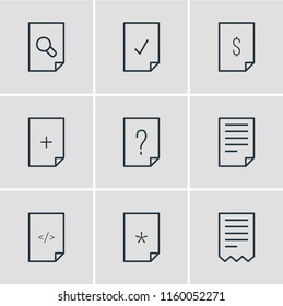 Vector illustration of 9 file icons line style. Editable set of add, correct, file and other icon elements.