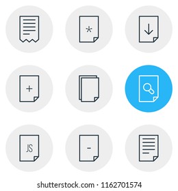 Vector illustration of 9 file icons line style. Editable set of magnifier, add, corrupted and other icon elements.