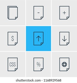Vector illustration of 9 file icons line style. Editable set of download, upload, contract and other icon elements.