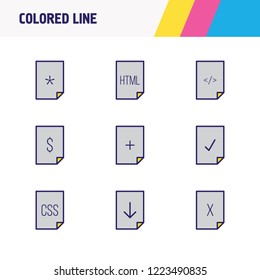 Vector illustration of 9 file icons colored line. Editable set of add file, HTML, download and other icon elements.
