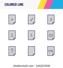 Vector illustration of 9 file icons colored line. Editable set of important file, HTML, delete file and other icon elements.
