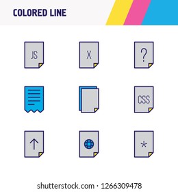 Vector illustration of 9 file icons colored line. Editable set of upload, web, important file and other icon elements.