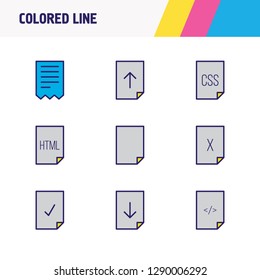 Vector illustration of 9 file icons colored line. Editable set of corrupted file, delete file, download and other icon elements.
