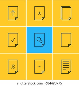Vector Illustration Of 9 File Icons. Editable Pack Of Document, Munus, Search And Other Elements.