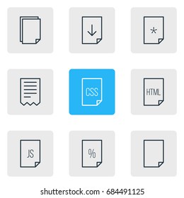Vector Illustration Of 9 File Icons. Editable Pack Of Percent, Code, Basic And Other Elements.