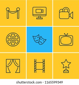 Vector illustration of 9 film icons line style. Editable set of barrier rope, award, television and other icon elements.
