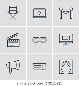 Vector Illustration Of 9 Film Icons. Editable Pack Of Cinema Fence, Television, Clapper And Other Elements.