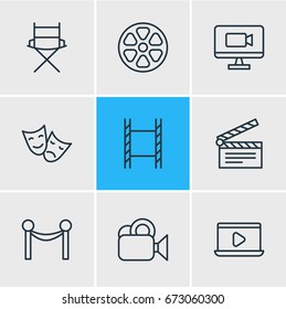 Vector Illustration Of 9 Film Icons. Editable Pack Of Movie Reel, Television, Clapper And Other Elements.