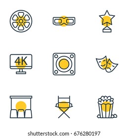 Vector Illustration Of 9 Film Icons. Editable Pack Of Tragedy, Movie Reel, Shooting Seat And Other Elements.