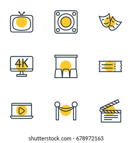 Vector Illustration Of 9 Film Icons. Editable Pack Of Cinema Fence, Hall, Tragedy And Other Elements.
