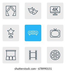 Vector Illustration Of 9 Film Icons. Editable Pack Of Filmstrip, Movie Reel, Theater And Other Elements.