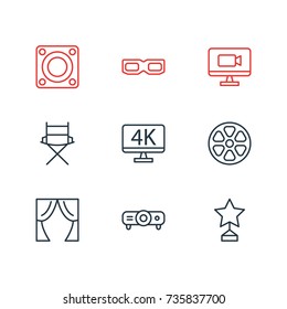 Vector Illustration Of 9 Film Icons. Editable Pack Of Movie Reel, Slideshow, Loudspeaker And Other Elements.