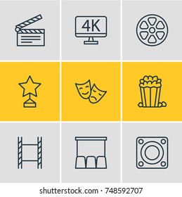 Vector Illustration Of 9 Film Icons. Editable Pack Of Hall, Filmstrip, Resolution And Other Elements.