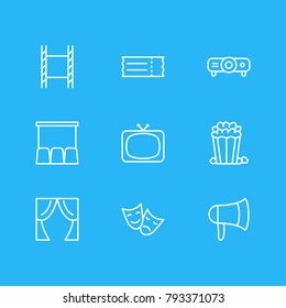 Vector illustration of 9 film icons line style. Editable set of megaphone, slideshow, tv and other elements.