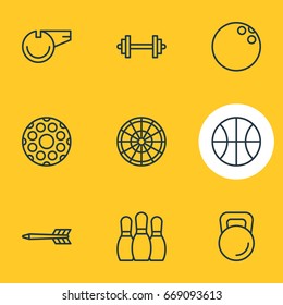 Vector Illustration Of 9 Fitness Icons. Editable Pack Of Target, Bowling, Blower And Other Elements.