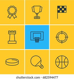 Vector Illustration Of 9 Fitness Icons. Editable Pack Of Sniper, Award, Puck And Other Elements.