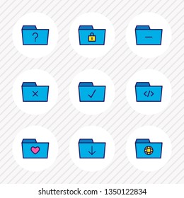 Vector illustration of 9 folder icons colored line. Editable set of question, remove folder, archive and other icon elements.