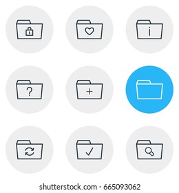 Vector Illustration Of 9 Folder Icons. Editable Pack Of Done, Magnifier, Plus And Other Elements.