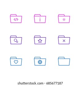 Vector Illustration Of 9 Folder Icons. Editable Pack Of Script, Document Case, Magnifier And Other Elements.