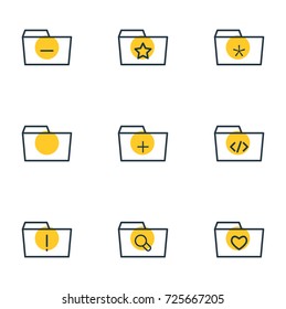 Vector Illustration Of 9 Folder Icons. Editable Pack Of Document Case, Magnifier, Minus And Other Elements.