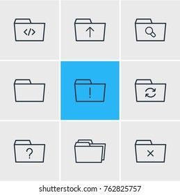 Vector Illustration Of 9 Folder Outline Icons. Editable Set Of Document Case, Magnifier, Question And Other Elements.
