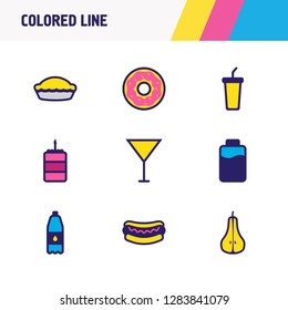 Vector illustration of 9 food icons colored line. Editable set of filtered water, pie, birthday cake and other icon elements.