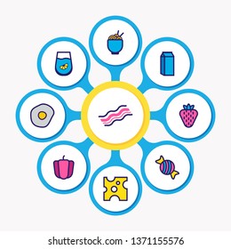 Vector illustration of 9 food icons colored line. Editable set of cheese, bacon, noodles and other icon elements.