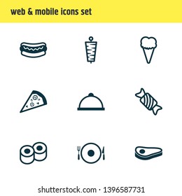 Vector illustration of 9 food icons line style. Editable set of caramel, kebab, pizzeria and other icon elements.